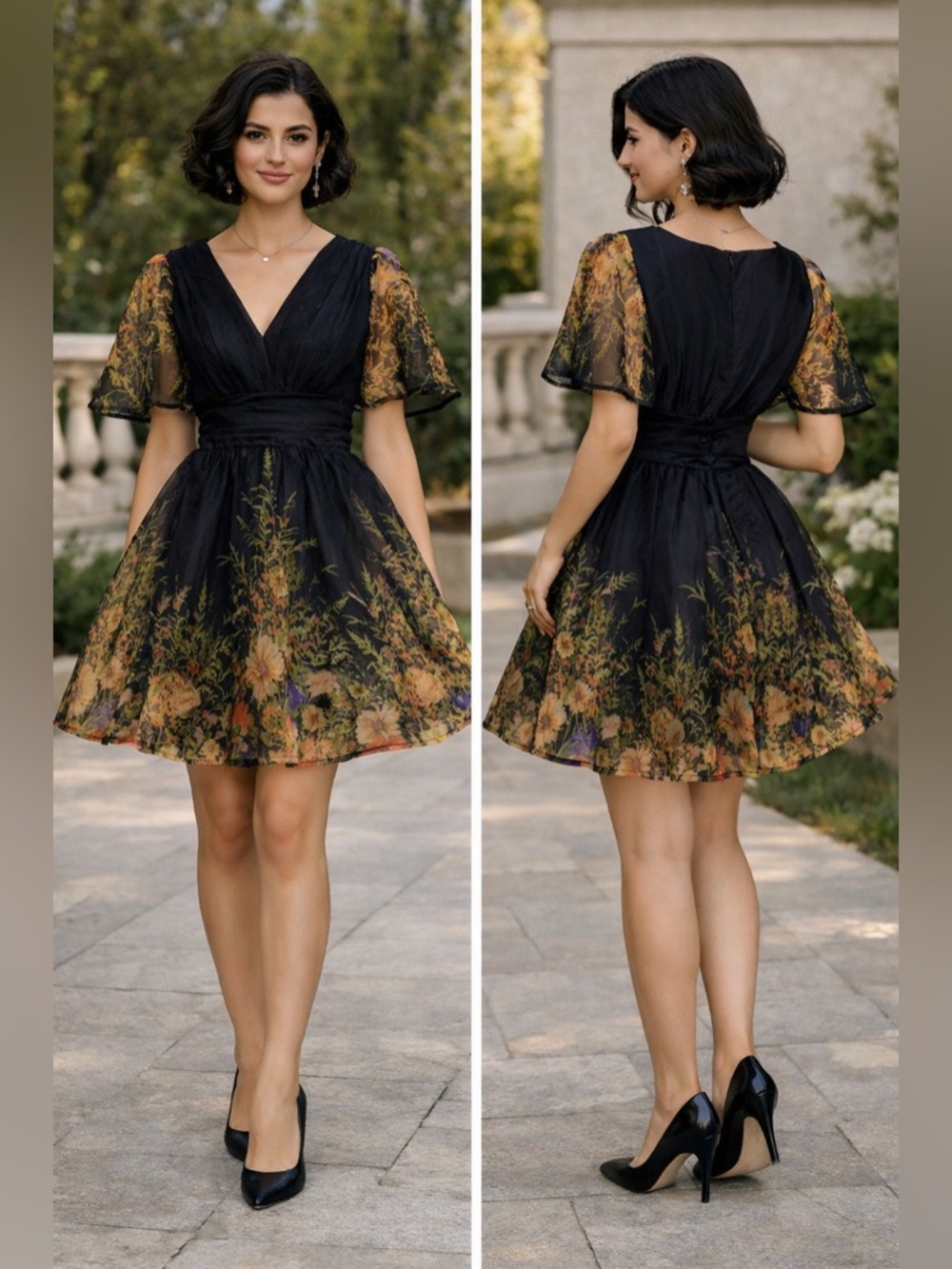 Black Floral A-Line Mini Dress with V-Neck